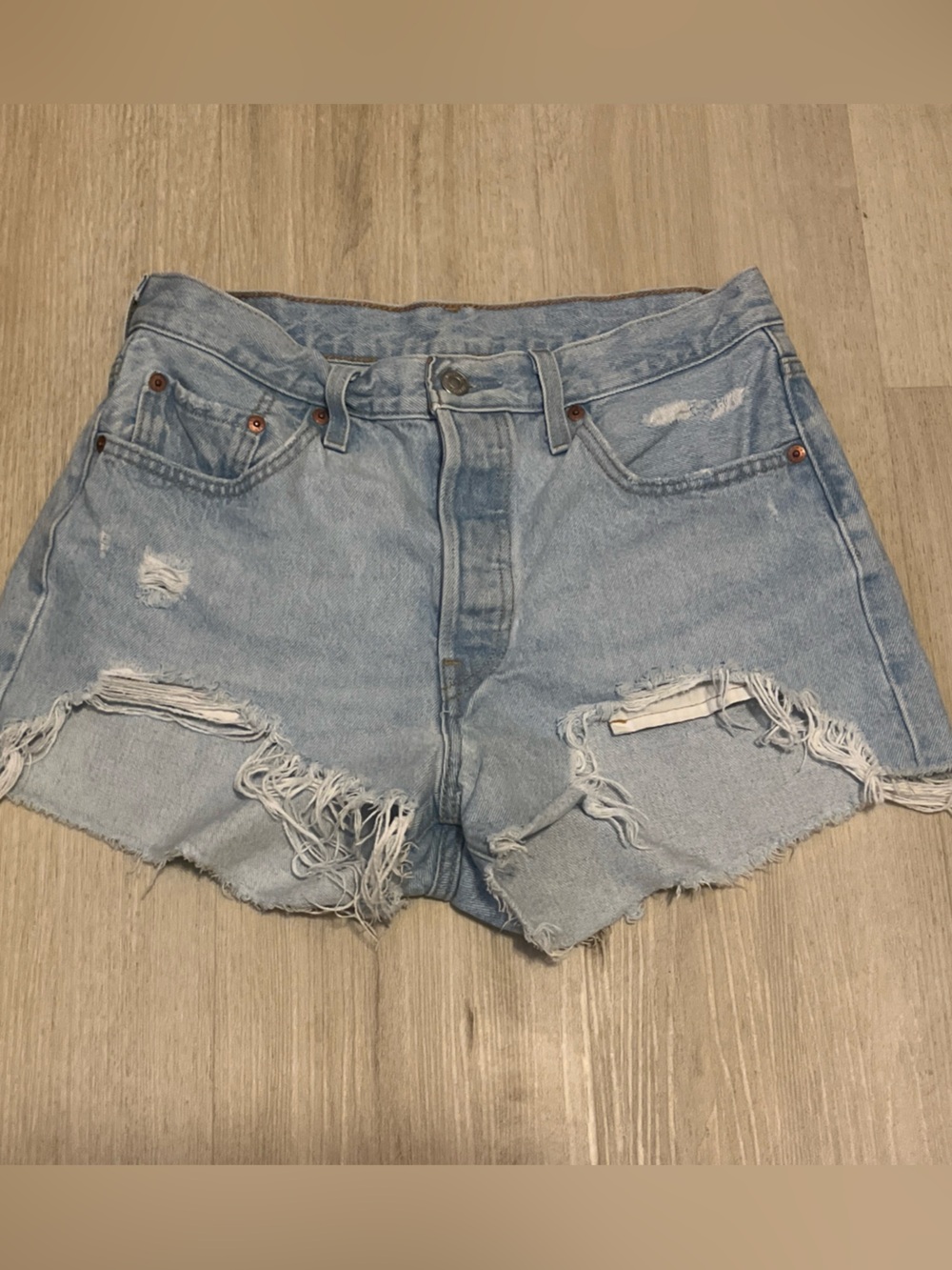 Levi's 501 Button Fly Light Blue Distressed Cutoff Denim Shorts